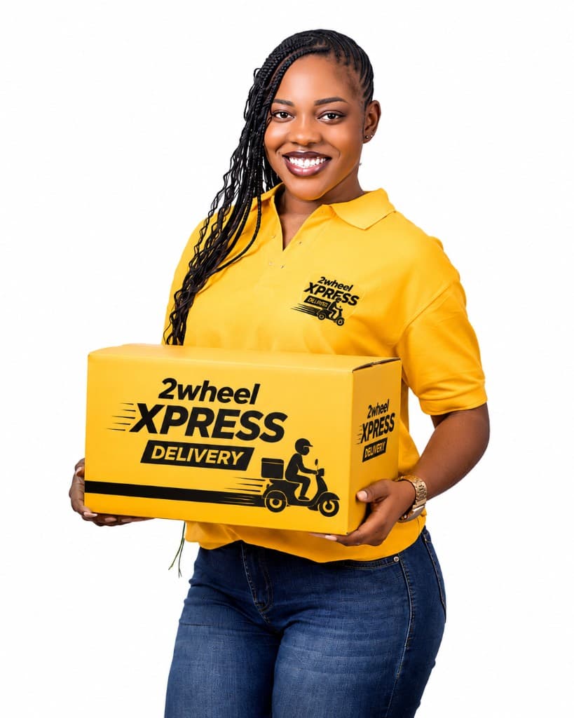 2Wheel Xpress courier holding a branded delivery box
